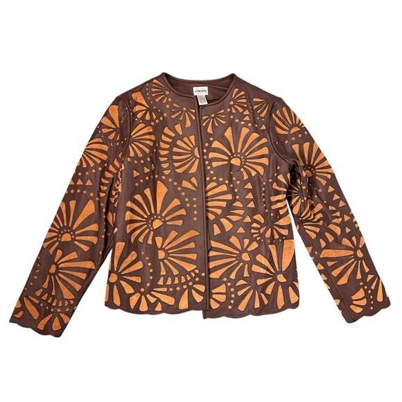 Chico's Womens Brown Leather Laser-Cut Floral Embossed Jacket 1.5 Medium Western - Picture 1 of 16